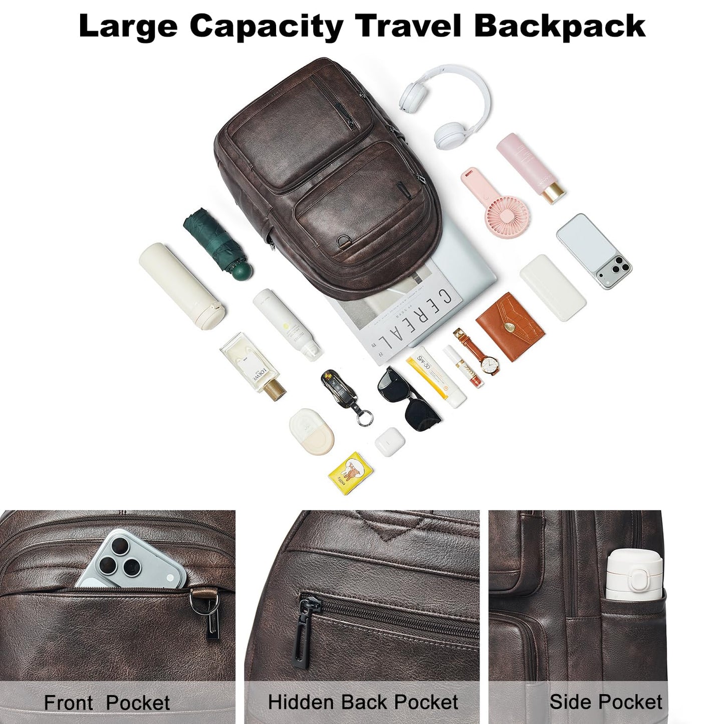 LATMAP Vegan Leather Backpack 17In Laptop Backpack for Women Travel Coffee