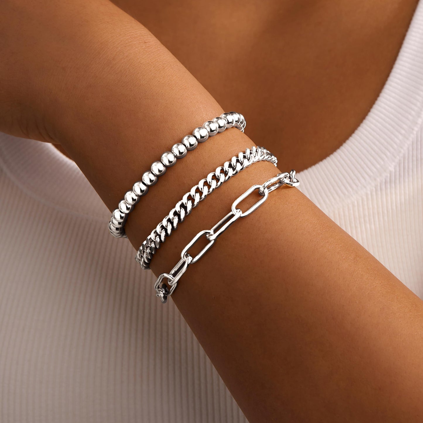 Gokeey Silver Bracelets for Women Non Tarnish Waterproof Silver Plated Bracelets Stack Dainty Chunky Bangle Cuff Love Knot Paperclip Bead Cuban Layered Chain for Jewelry Gifts