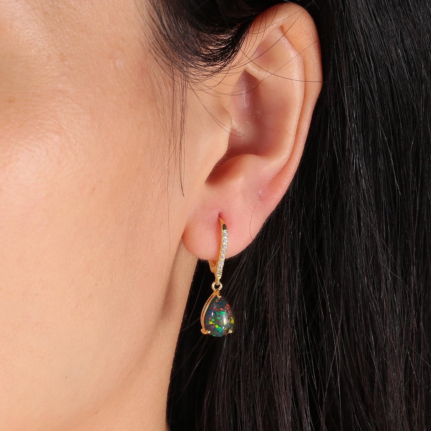 Leverback Black/Green Opal Dangle Earrings 14k Yellow Gold Plated Drop Earrings for Women Teardrop Earrings Elegant Jewelry Gifts for Mothers Day Birthday Party