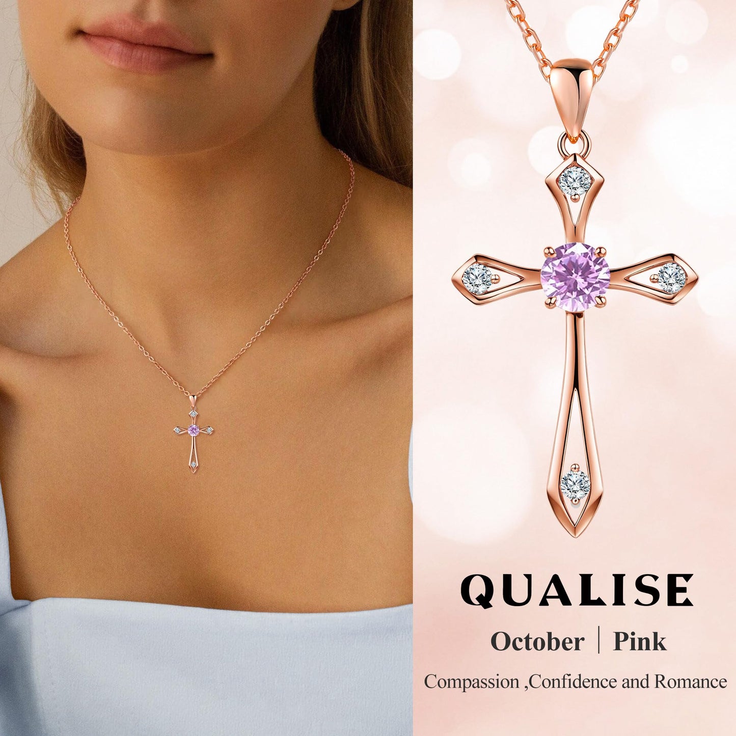 QUALISE Cross Necklace for Women,925 Sterling Silver Birthstone Necklace,Pink -October Birthstone Cross Necklace,Faith Religious Fine Jewelry Valentines Day Gifts Birthday Holiday Gifts for Her