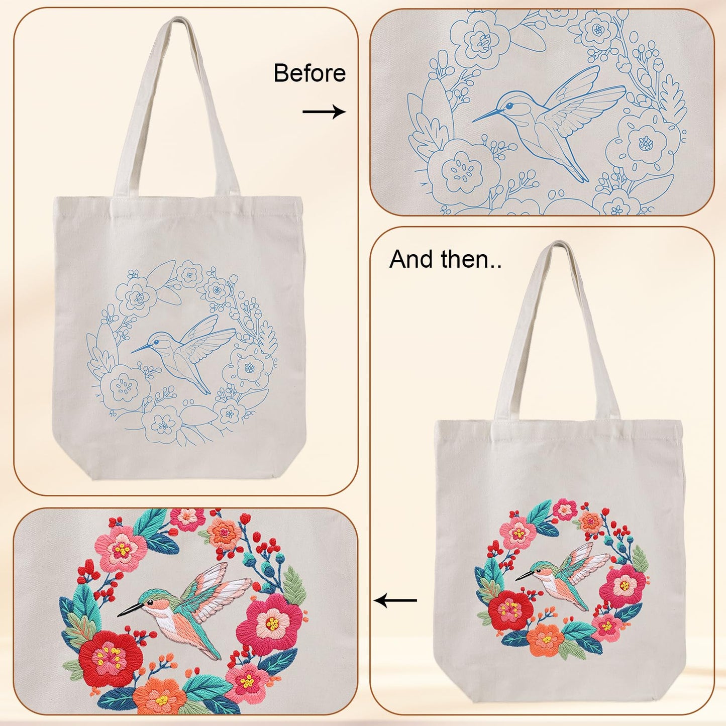 Louise Maelys Hummingbird Canvas Tote Bag Embroidery Kit for Beginners,Cross Stitch Kits for Adults, Arts Crafts Needlepoint Women Shopping Reusable Grocery Bags