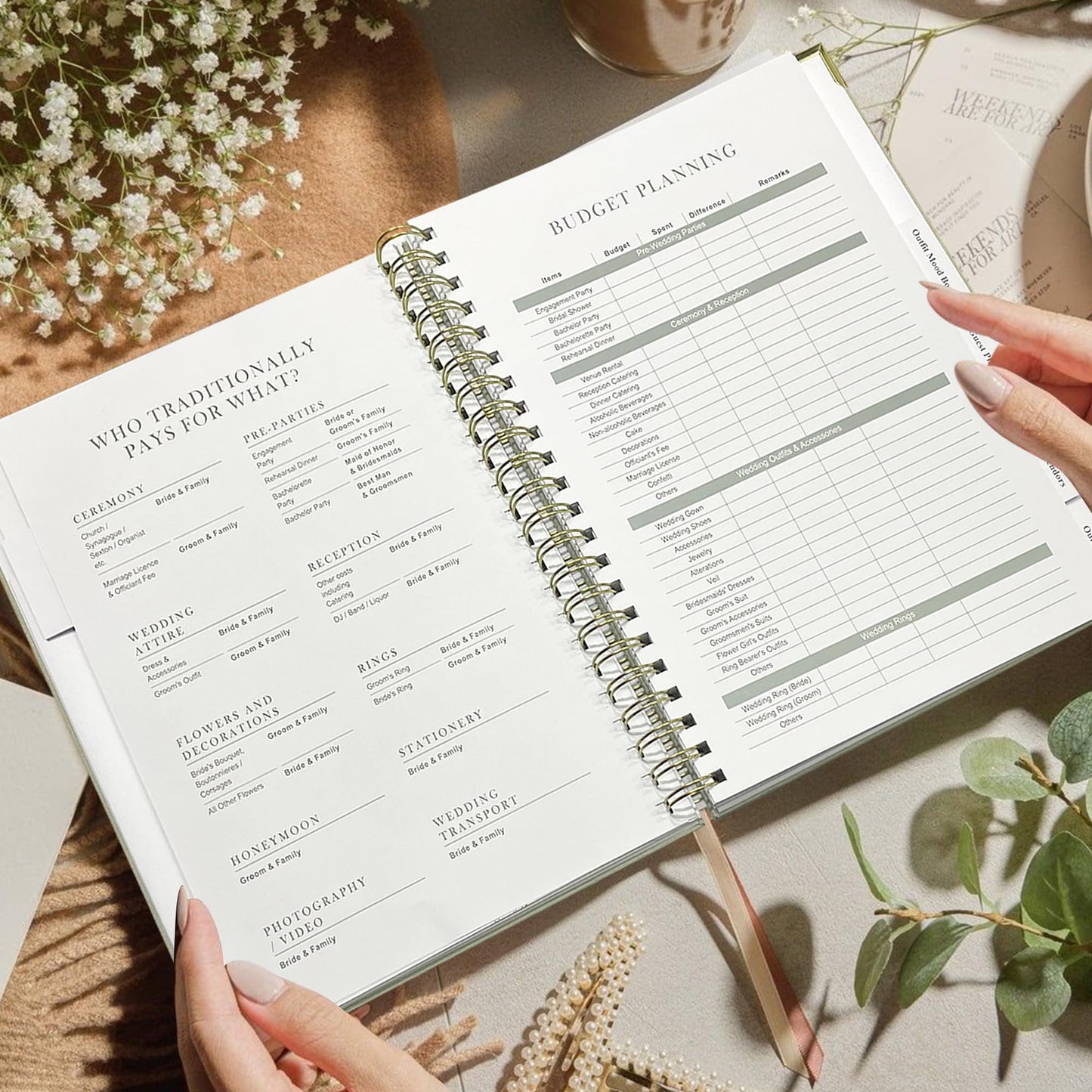 LADY&HOME Wedding Planner Book and Organizer, Linen Cover Wedding Planner Binder, Engagement Gift for Couples, Bride to be Gifts with Calendars, Checklist and Pockets(Emerald Green)