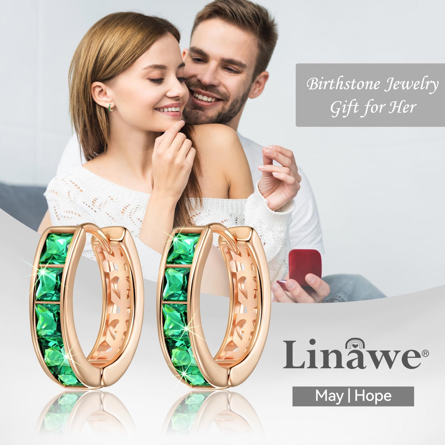 Linawe Green Small Hoop Earrings, Rose Gold Huggie Earrings for Women Trendy, Cubic Zirconia Earrings Stud, Piercing Jewelry, Cartilage Mini Hoop, Emerald Earrings Flat Back