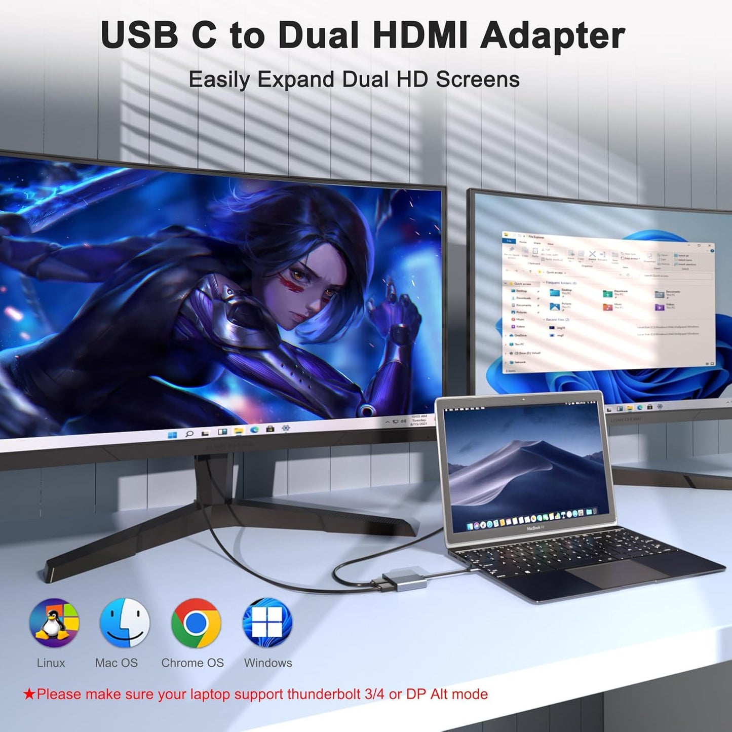 Movcle 4K 2 Docking Station Dual Monitor, USB C Docking Station, HDMI Splitter Extended Display, Dual HDMI Adapter