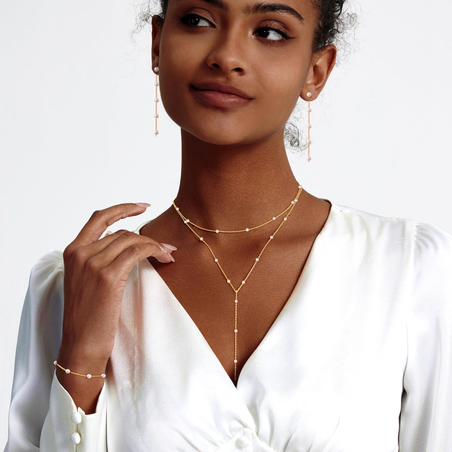 Zeffy Lariat Long Gold Necklace for Women Gold Jewelry Set Dainty Layered Pearl Y Necklaces Pearl Drop Earrings Bracelets Trendy Wedding Bride Jewelry Gift