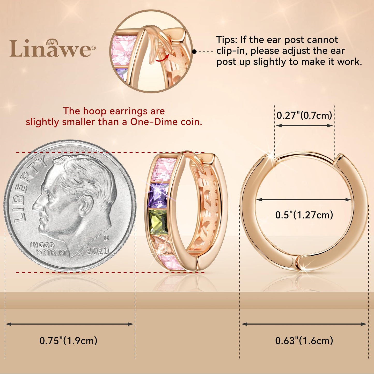 Linawe Hoop Earrings for Women - Trendy Tiny Mini Huggie, Cubic Zirconia Rainbow Rose Gold, Safety Pin Flat Back Stud, Tragus Piercing Jewelry