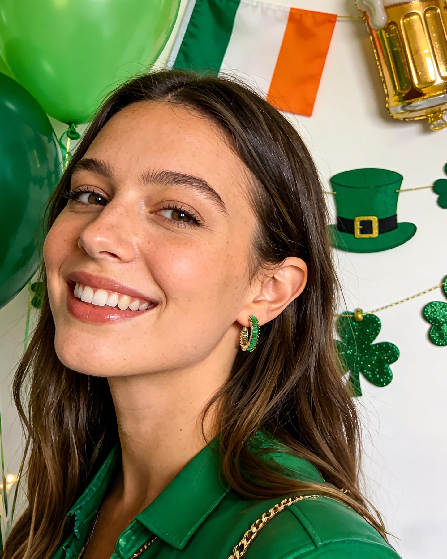 GLOQUAT Gold Green Hoop Earrings St Patrick's Day Earring Accessories for Women Cubic Zirconia Hoops for Irish Festival Trendy Baguette Hoop Earring Womens Emerald Green St Patty's Jewelry Gifts 25mm