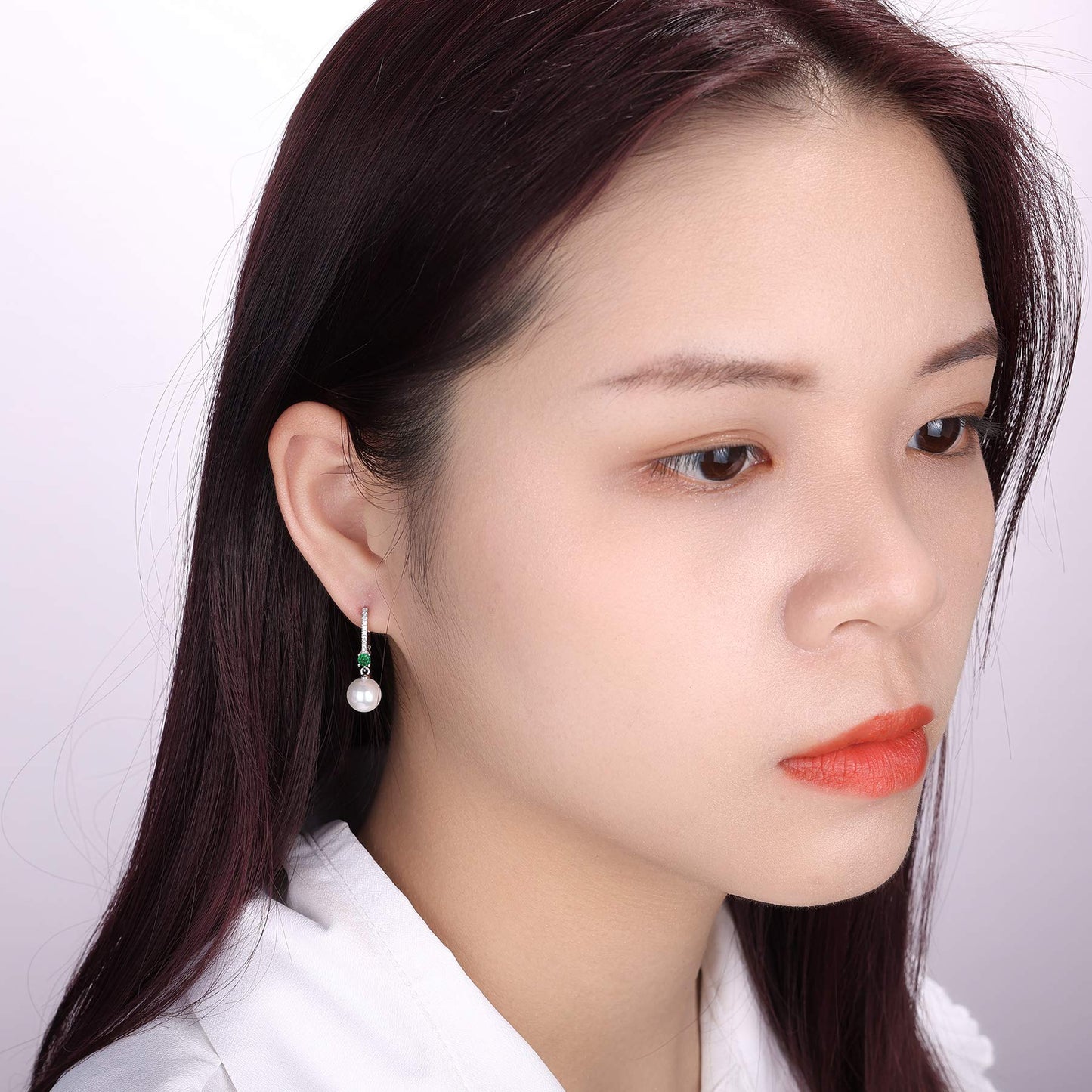 JO WISDOM Pearl Earrings,925 Sterling Silver 8mm Pearl Leverback Drop Earrings with 3A CZ May Birthstone Emerald Color,Wedding Earrings