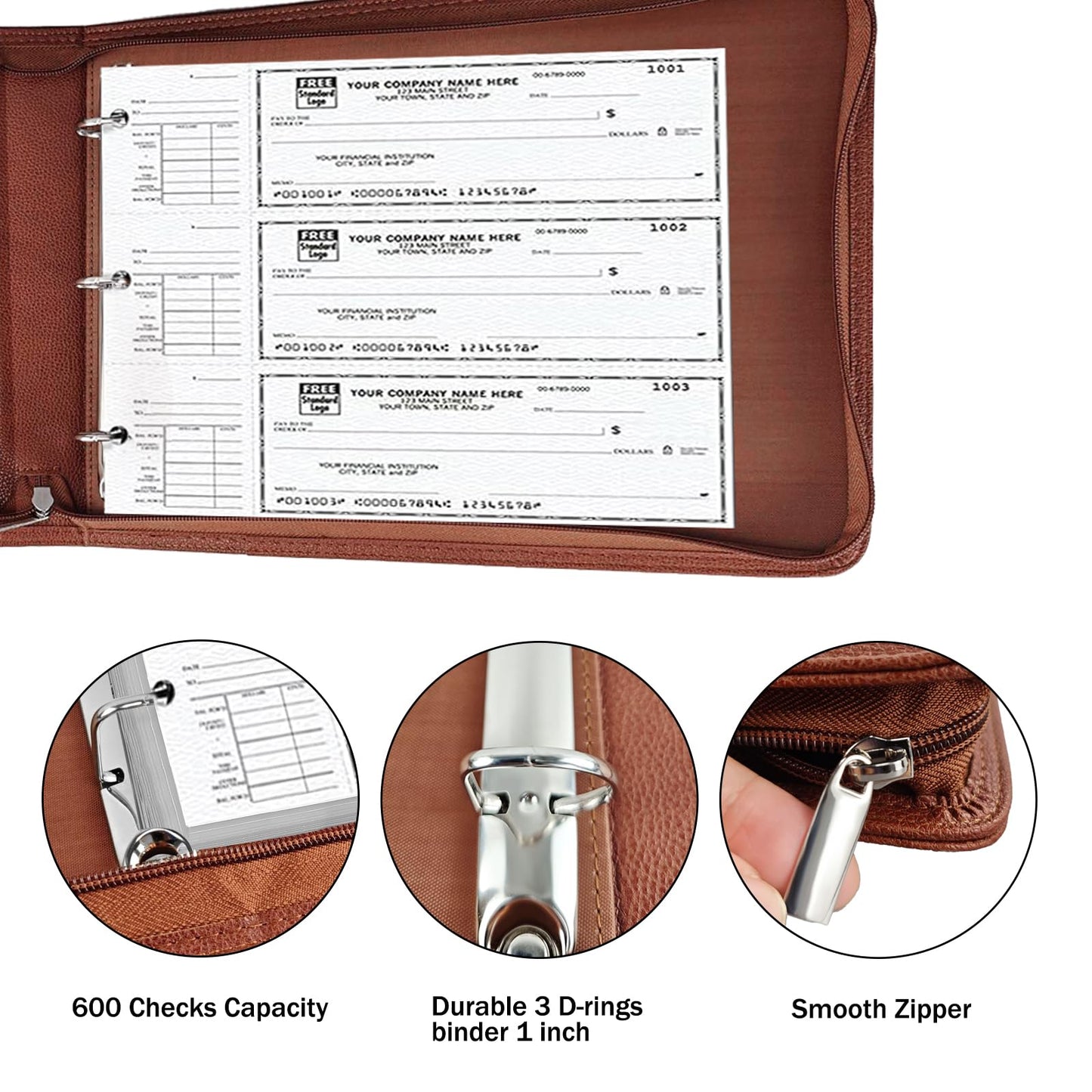 LLi Cufite 3 Rings Check Binder for End-Stub Deskbook Checks, Zipper Business Check Binder, 3 on a Page, Fit 3 & 9 Holes Check Faux Leather (Brown)