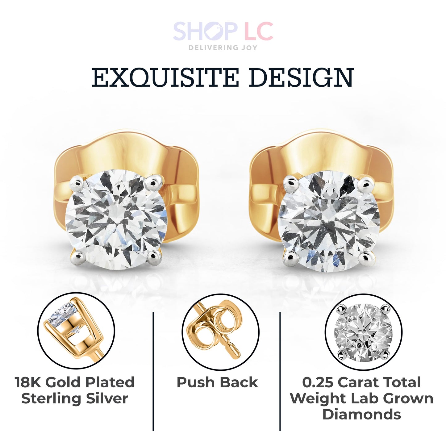 Shop LC Lab Grown Diamond Stud Earrings for Women | 0.25 Carat | G-H Color SI Clarity | 925 Sterling Silver 18K Yellow Gold Plated | Round | 4-Prong Basket | Push Back | Fine Jewelry