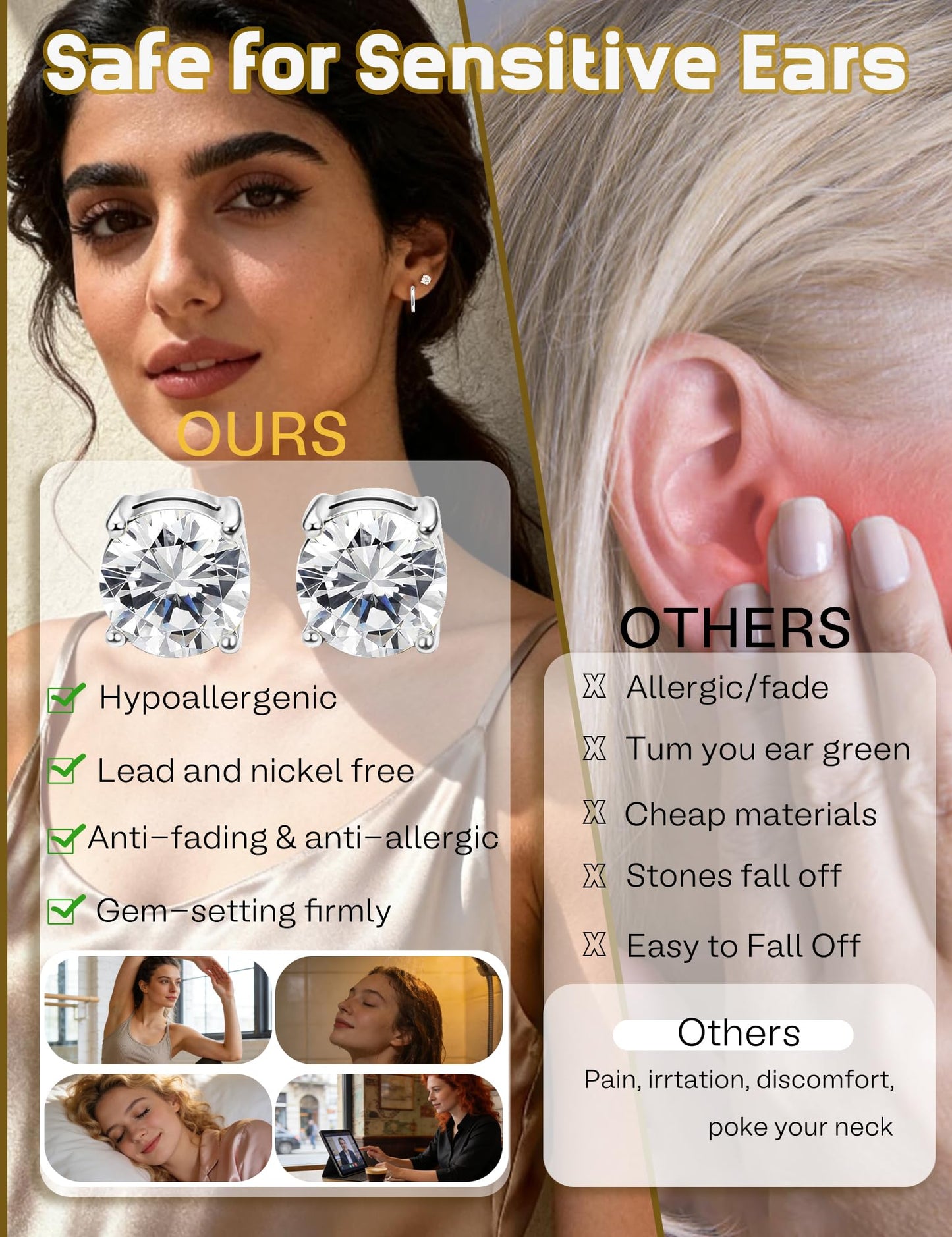 SIISPRI Magnetic Earrings for Men and Women,4 Pairs Clip on Earring Hypoallergenic Shiny Cubic Zirconia Stud Earrings Unisex Non Pierced Silver Ear Cuff Gold Fake Huggie Earrings Set (Silver)