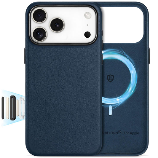 SHIELDON Genuine Leather Case for iPhone 17 Pro Max 6.9" 2025, [Camera Button Updated], Compatible with Magsafe, Magnetic Wireless Charging, Slim Fit, Non-Slip, Anti-Scratch, Shockproof - Navy Blue