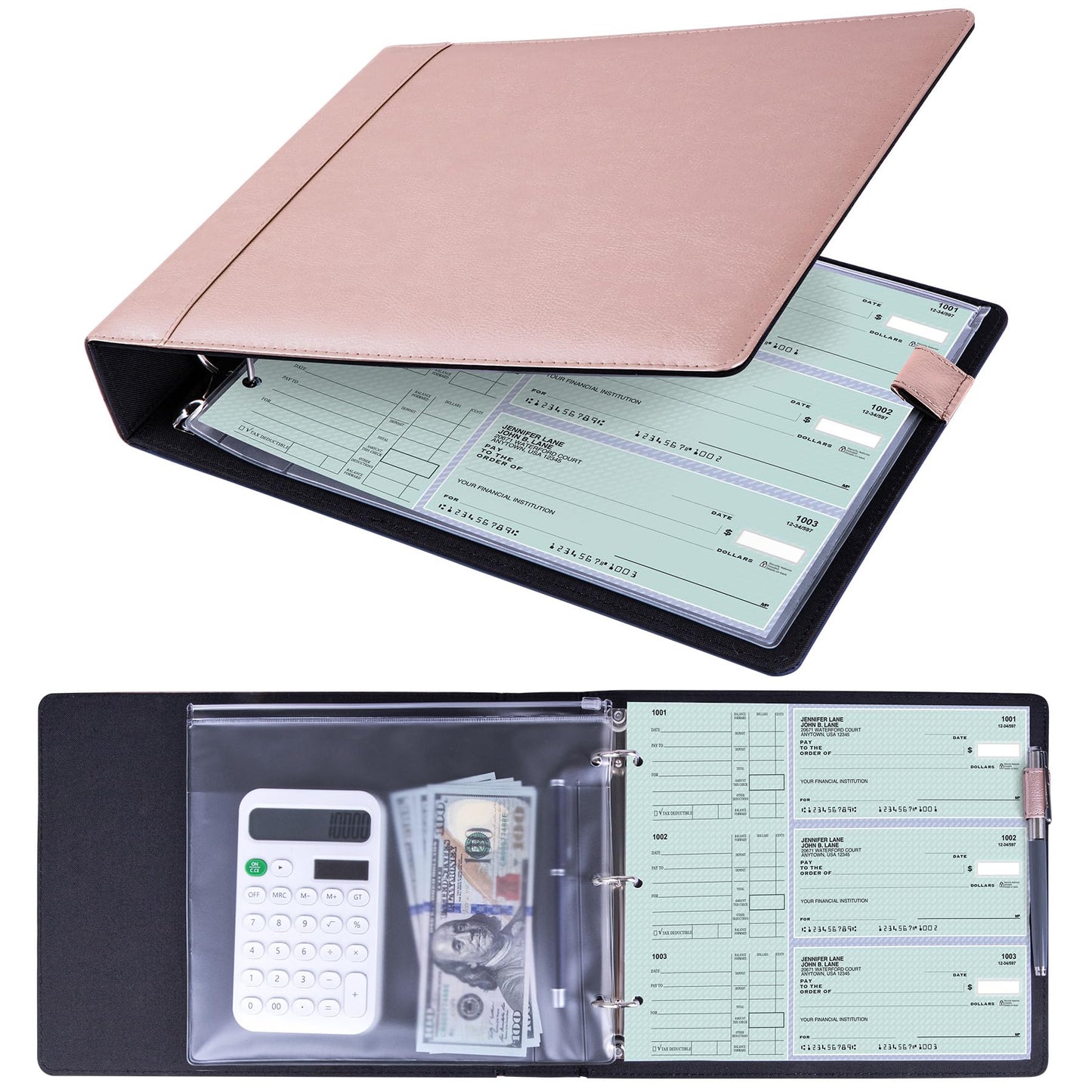 Antner 3 Ring Personal Check Binder for 3-on-a-Page End-Stub Deskbook & Personal 3 Holes or 9 Holes Small Size Checks, PU Leather Check Holder Checkbook Binder Cover with Zipper Pouch, Rose Gold