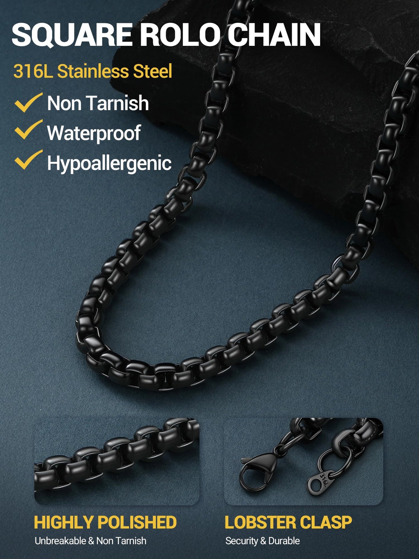 PROSTEEL Mens Chain Necklace, Squre Rolo Link Chains Black Chunky Stainless Steel Necklace 8mm Waterproof & Durable Men and Women Jewelry with Gift Box 30in