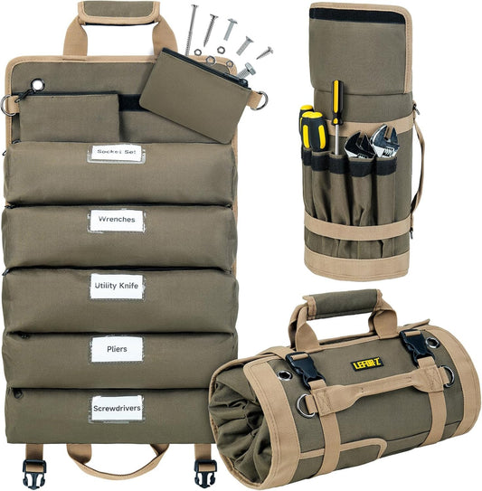 Tool Bag,Large Roll Up Tool Bag Organizer,13 Pockets Tool Roll Storage Pouch,Heavy Duty Portable Tool Storage Carrier Bag for Men,Mechanic,Electrician,Valentines Day Gifts for Men,Olive Green
