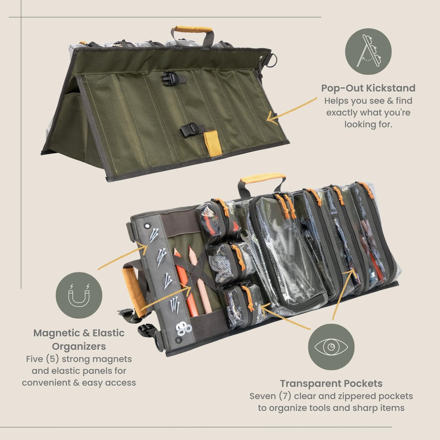 Heavy Duty Roll Up Tool Bag Organizer w/Kickstand for Upright Visibility & Easy Access, 7 Pockets w/Zippers, Multiple Carrying & Hanging Handles, Magnetic & Elastic Organizers, Adjustable Strap