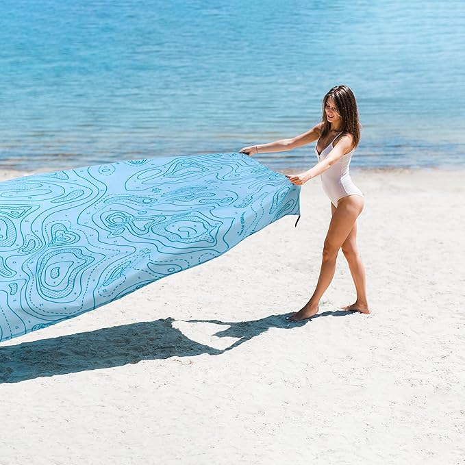 Blue Beach Blanket, 9 Ft X 10 Ft Extra Large Sandproof Beach Mat for 2-8 Adults, Foldable Waterproof Sand Free Outdoor Picnic Blanket with 4 Stakes & Corner Pockets for Camping, Hiking, Festival