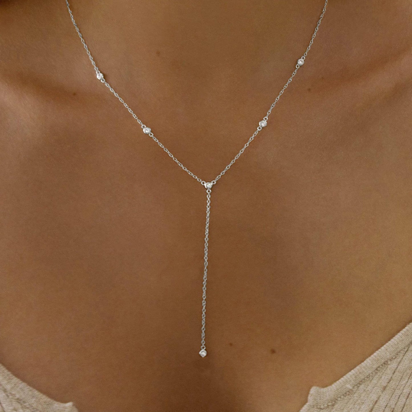 Fwlisesa Silver Necklaces for Women, Dainty Long Silver Necklaces Charm Silver Lariat Necklace Simple Y Drop Necklace for Women Prom Trendy Silver Prom Jewelry Gifts for Womens