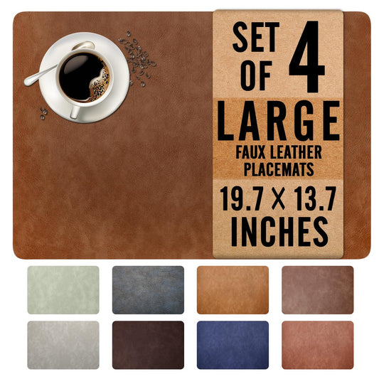 UnivoColors Washed Cowhide Pattern Faux Leather Big Size Placemats Set of 4, Waterproof Easy to Clean Anti-Slip PU Table Mats for Party Decoration19.7″×13.6″,Red Brown Retro Cowhide Pattern