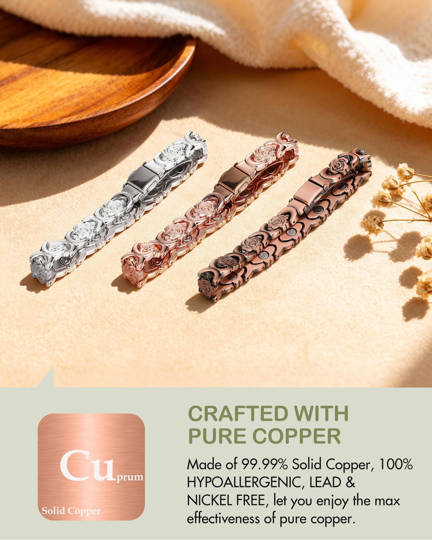 Feraco Pure Copper Bracelets for Women, Ultra Strength Magnetic Bracelet for Women with 3800 Gauss Magnet, Adjustable Flower Real Copper Jewelry Gift with Infinite Rose-Engraved (Rose Gold)
