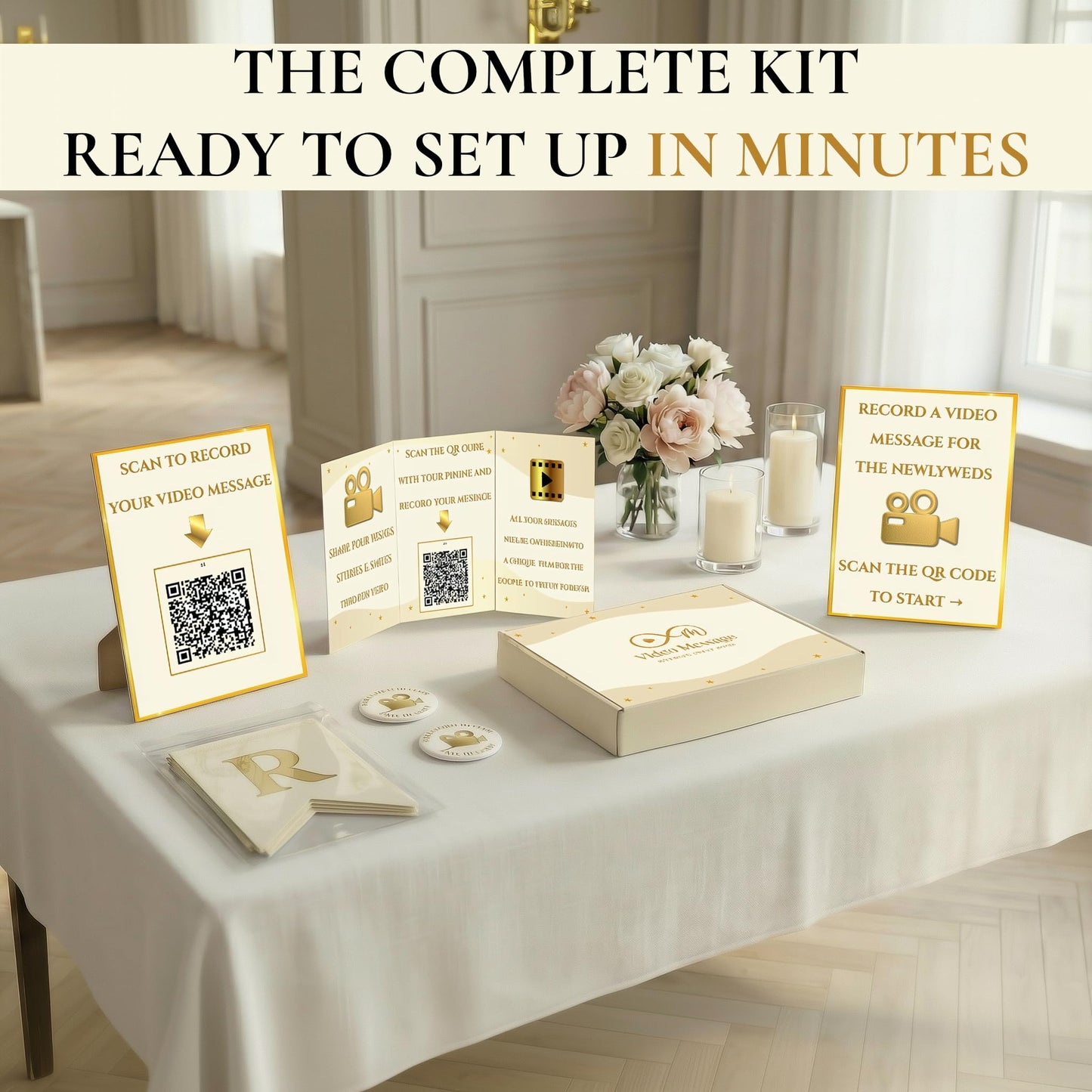 Video Guest Book for Wedding with QR Code - Wedding Guest Book Alternative, Guests Record Video Messages on Their Phones, No App - Edited Film in 24 Hours - Kit with Banner, Signs, Flyer, Badges