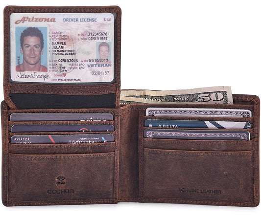 Wallet for Men Slim RFID Blocking Leather Bifold Minimalist 2 ID Windows Gift Box Carteras Para Hombres (CRAZY HORSE, COGNAC)