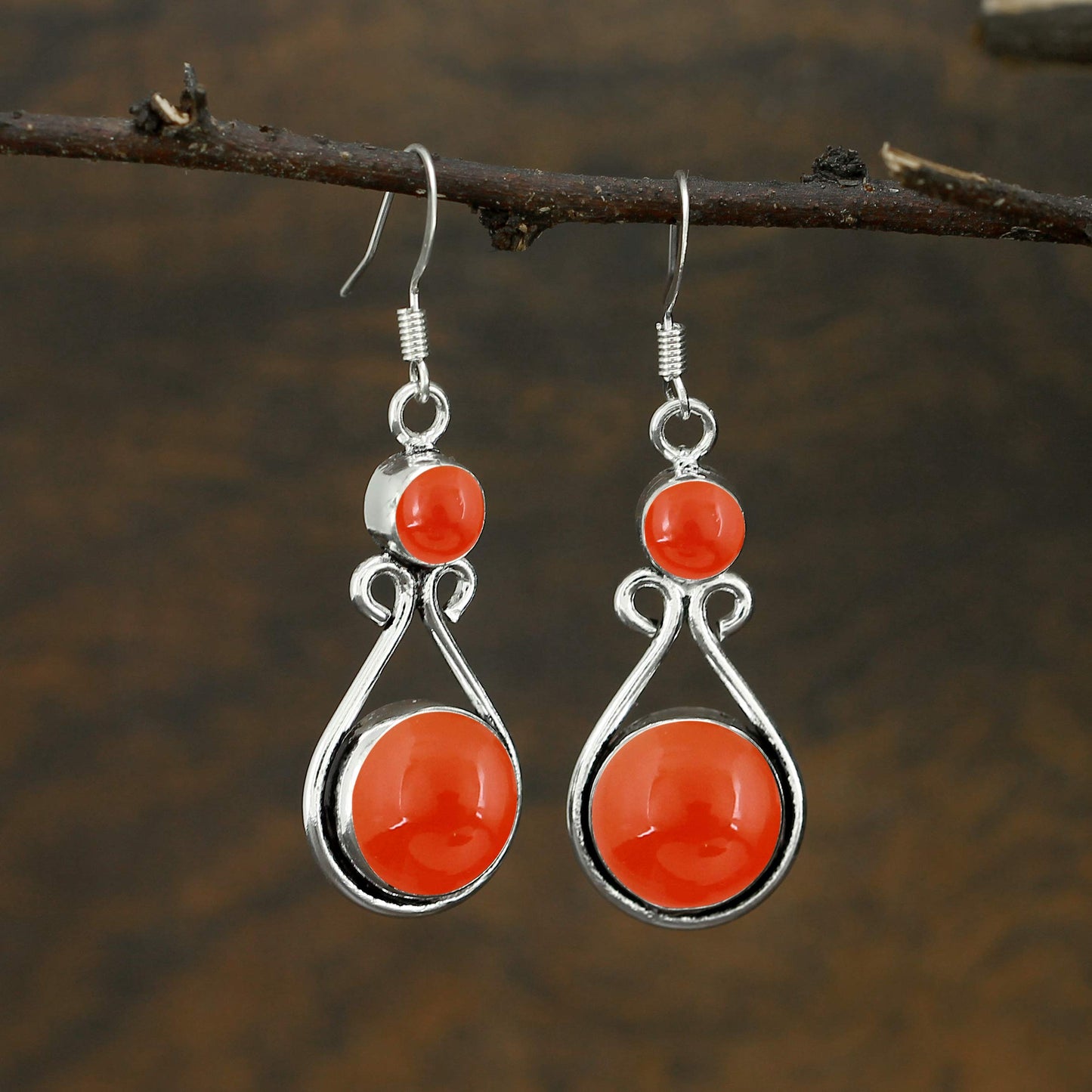 Natural Carnelian Silver Plated Dangle Earrings for Women - July Birthstone Round Gemstones Drop Earrings Handmade Jewelry - Wedding Gift for Her