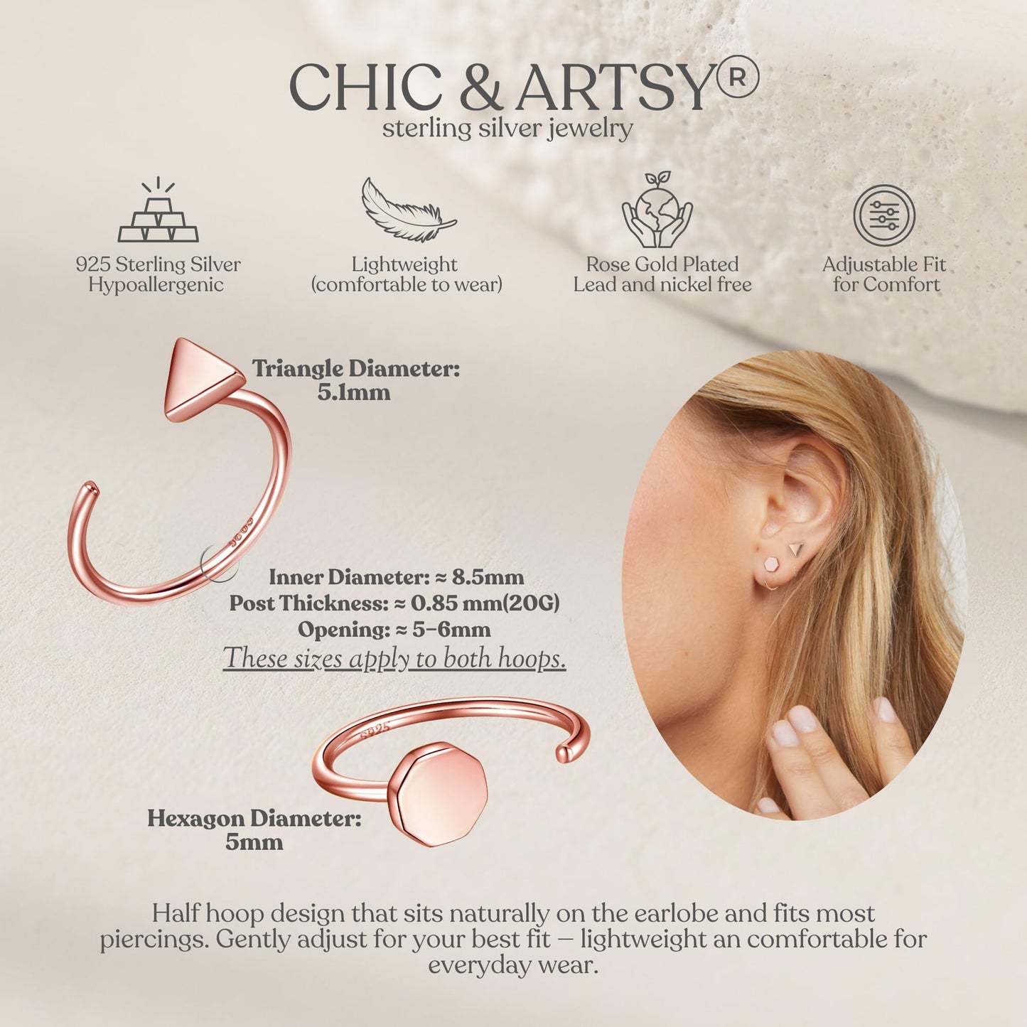Huggie Hoop Earrings 18K Rose Gold Plated 925 Sterling Silver Triangle Dot Half Hoop Earrings for Women Open Hoop Earrings Little Huggie Hoop Earrings Huggy Hoop Earrings 2 Pairs