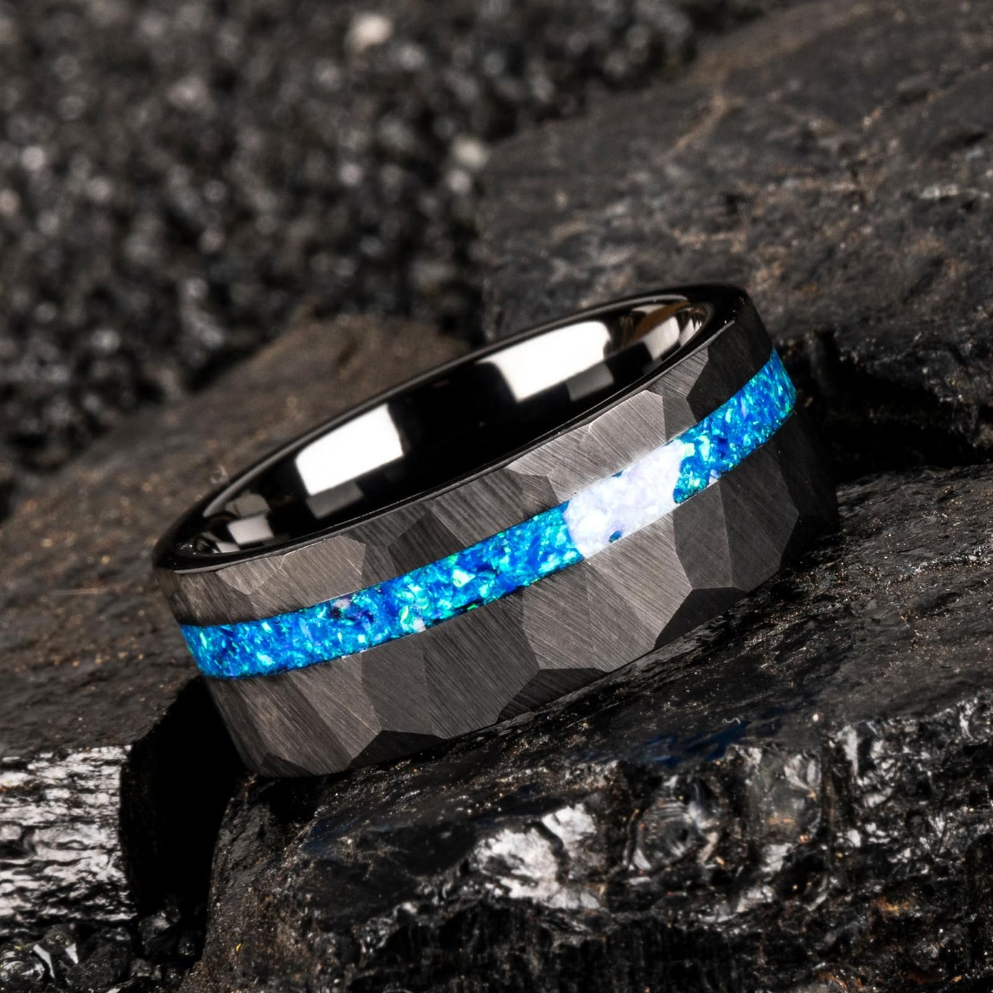 JEWPER 8mm Men Womens Wedding Band Tungsten Rings Black Blue Hammer pattern Fashion Promise Carbide Inlaid Opal Matte Finish Edge Comfort Fit Size(7)