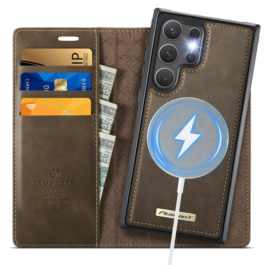 PlusnapX Wallet Case for Samsung Galaxy S24 Ultra Compatible with Magsafe, 2-in-1 PU Leather Flip RFID Blocking Card Holder Stand Shockproof Magnetic Detachable Cover for Galaxy S24 Ultra, Brown