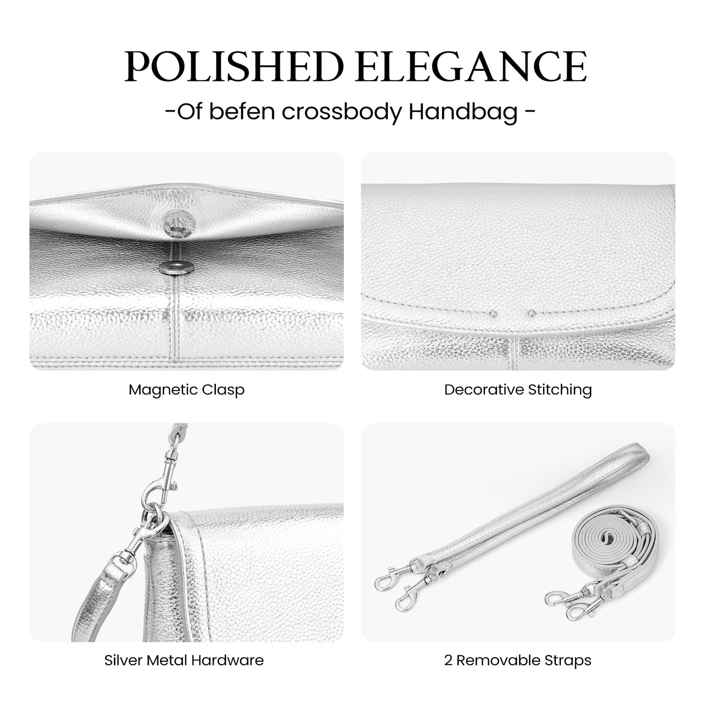 befen Genuine Leather Small Crossbody Bags for Women, Real Leather Purses with Built in RFID Wallet, Trendy Cell Phone Purse Shoulder Bag, Silver Travel Purse Handbags with Adjustable Strap