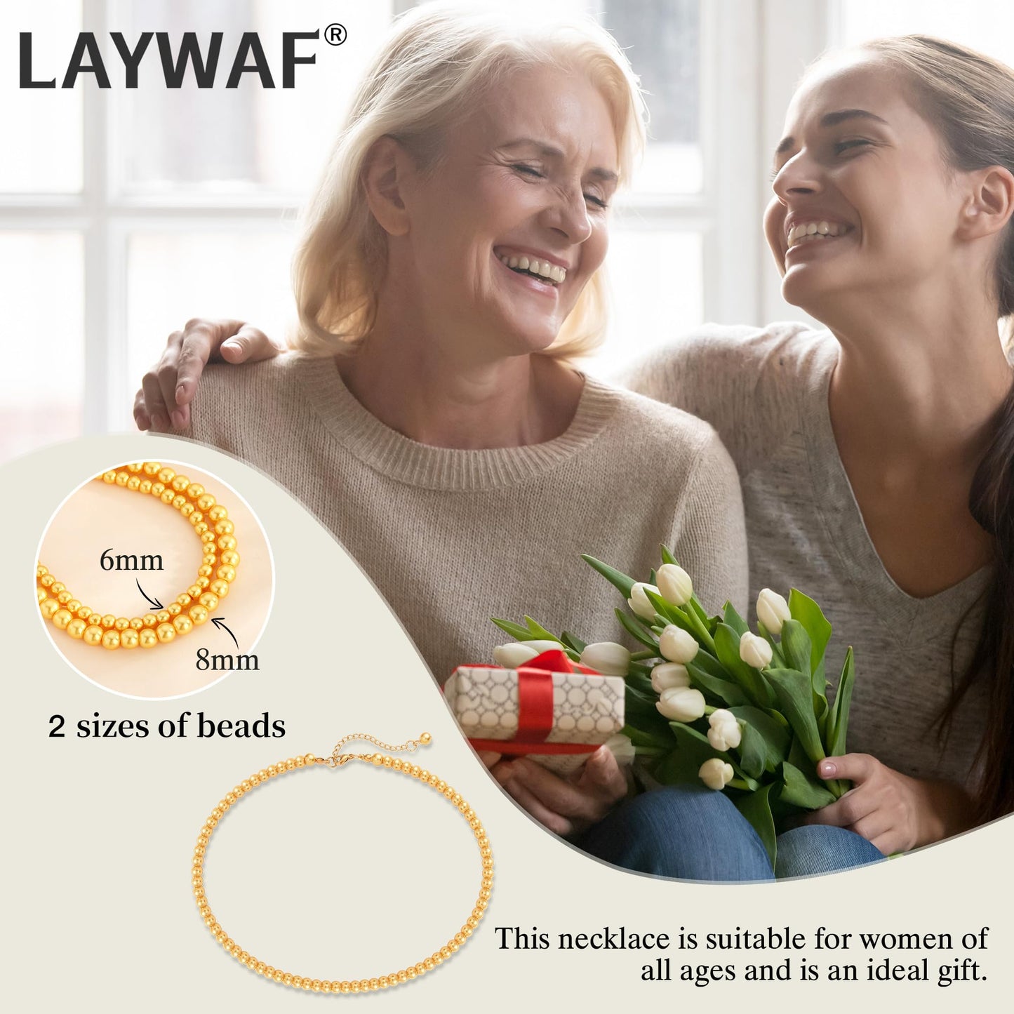 LAYWAF Imitation Pearl Choker Necklaces for Women, Simple Fake Pearl Yellow Necklace, 6MM Beaded Costume Faux Pearl Necklace, Wedding Jewelry Mom Necklace