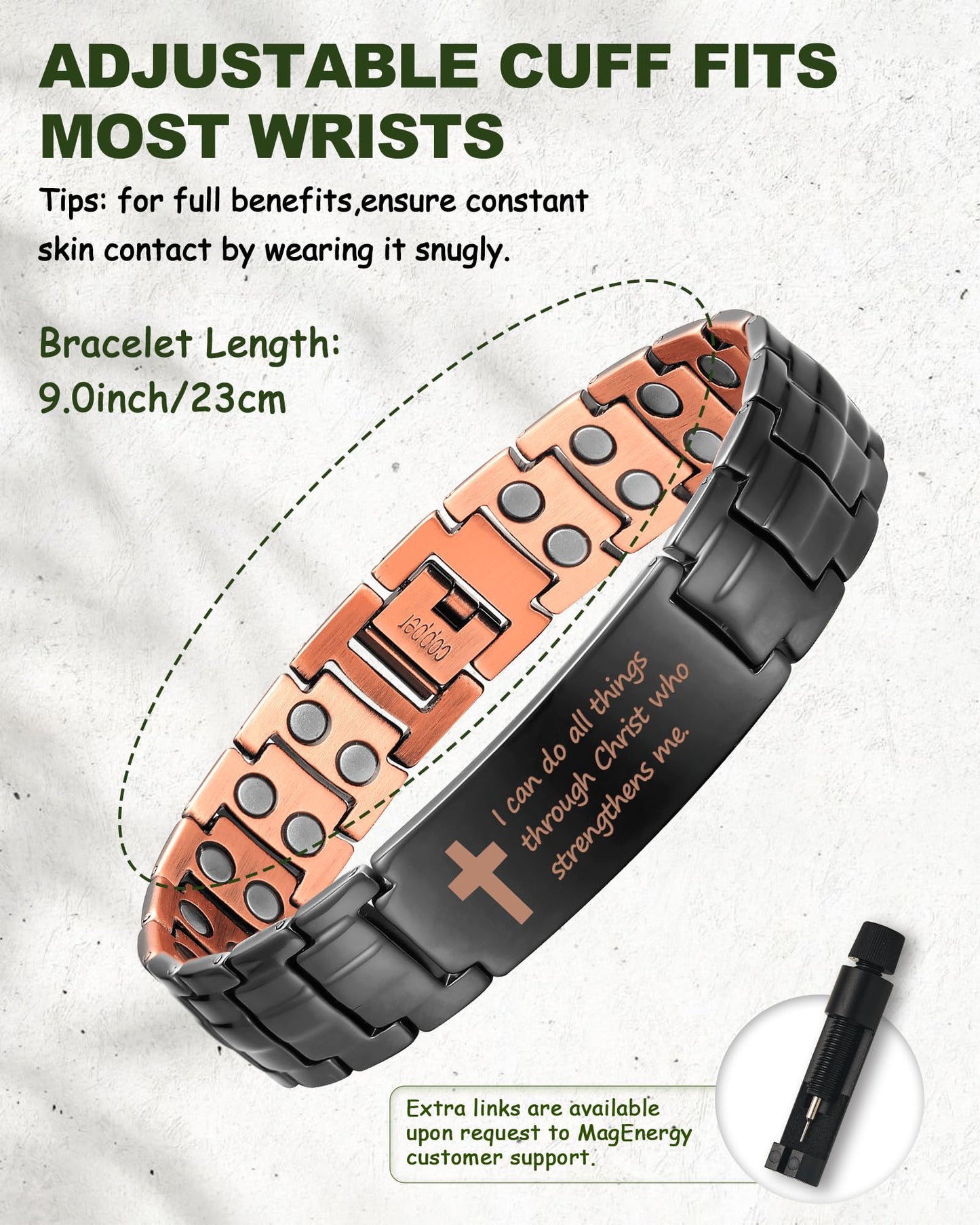 MagEnergy Copper Bracelet For Men, Christian Copper Bracelet For Men, Magnetic Bracelet With Ultra Strength Magnets, Adjustable Biblical Cross Bracelet, Jewelry Gift(Sizing Tool)
