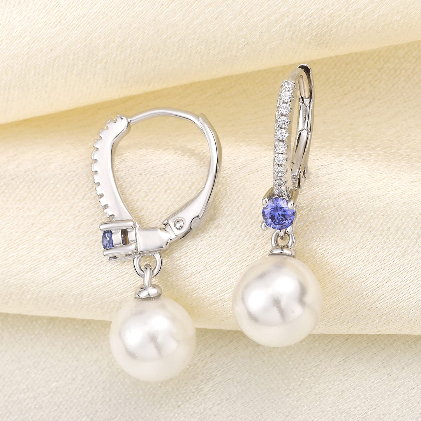 JO WISDOM Pearl Earrings,925 Sterling Silver 8mm Pearl Leverback Drop Earrings with 3A CZ December Birthstone Tanzanite Color,Jewelry for Women