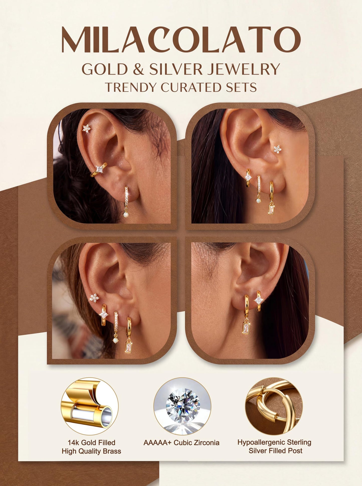 MILACOLATO 4 Pairs Gold Earrings for Women, Hypoallergenic 14K Gold Filled Small Stud Hoop Earrings Set for Multiple Piercing, Dainty Lightweight Cartilage Huggie Earrings Stacks Trendy Jewelry Gifts, C
