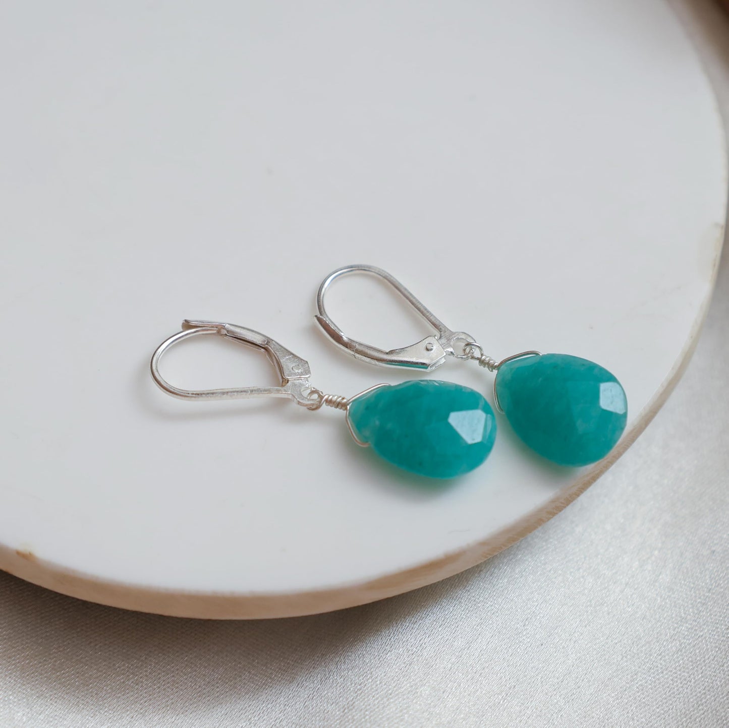 GemInspire Natural Amazonite Pear Drop Earrings for Women Teardrop Crystal Dangle Earrings 925 Sterling Silver Leverback Lightweight Gift for Her