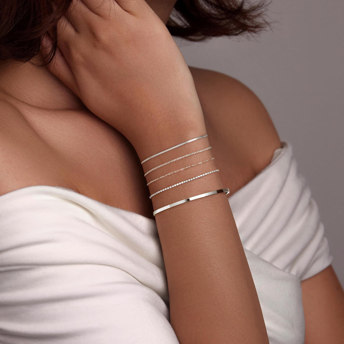 Silver Bracelets for Women 925 Silver Plated 5Pcs Dainty Bracelet Set - Waterproof Tarnish Free Stainless Steel Jewelry - Quiet Luxury Stackable Paperclip Herringbone Cuban Tennis Cuff Chain Gifts