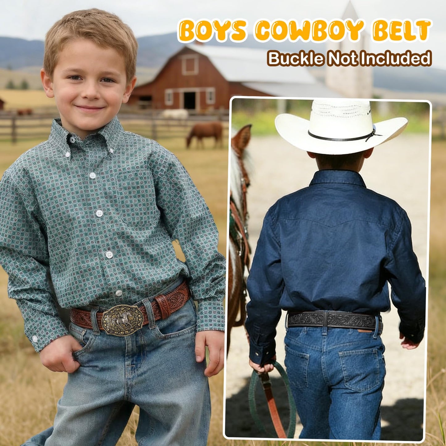 SANSTHS Kids Western Belt without Buckle Genuine Leather Boys Girls Belt Strap Cowgirl Cowboy Belts for Jeans Western Gifts, Embossed Leaf/Black Coffee