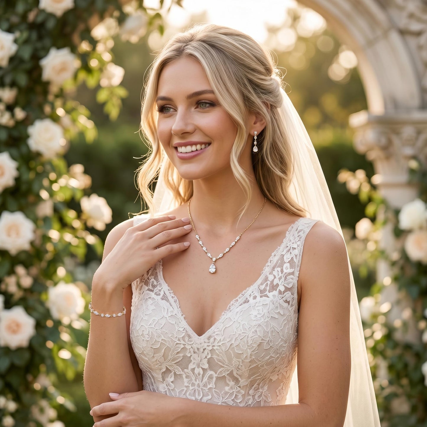 EVER FAITH Sparkly Cubic Zirconia Bridal Jewelry for Bride Bridesmaid, Elegant 14K Gold Plated Teardrop Wedding Prom Necklace Earrings Bracelet Set for Women