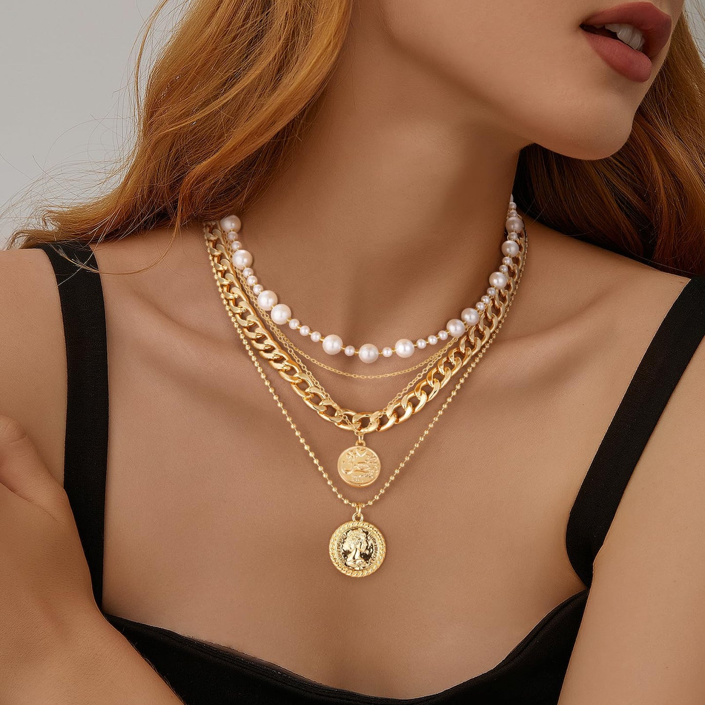 MJartoria Gold Layered Necklaces for Women Trendy Retro Coin Pendant Necklace Dainty Chunky Chain Choker Necklaces for Jewelry Birthday Gifts (Pearl-3PCS, Gold)