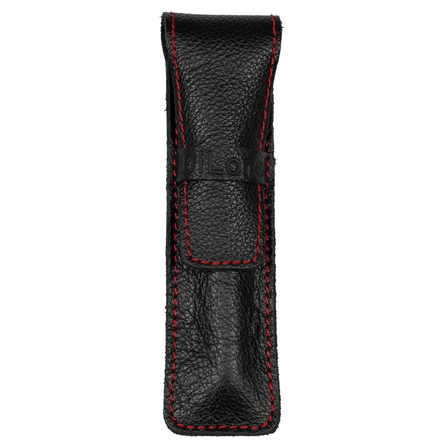 DiLoro Full Grain Leather Single Pen Case Holder Pouch Pencil Organizer (Buffalo Black w Red)