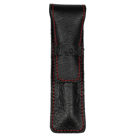 DiLoro Full Grain Leather Single Pen Case Holder Pouch Pencil Organizer (Buffalo Black w Red)