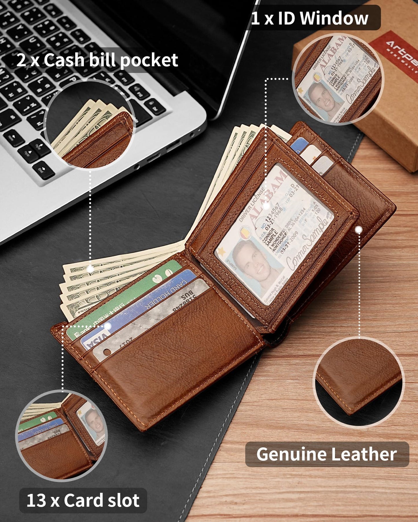 Mens Wallet With AirTag Holder, Bifold Leather RFID Blocking 1 ID Windows 13 Card Holders, Gift Box and Screen Protector Included, AirTag Not Included