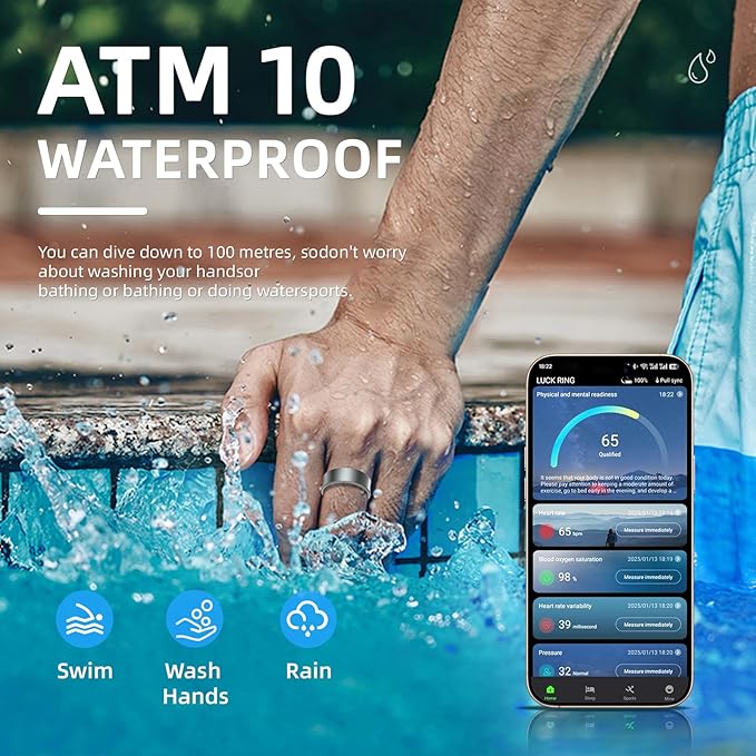 Smart Ring for Women Men, Health Fitness Tracker, 10ATM Waterproof Ring for iOS and Android, No Subscription Fee(Black, 7)