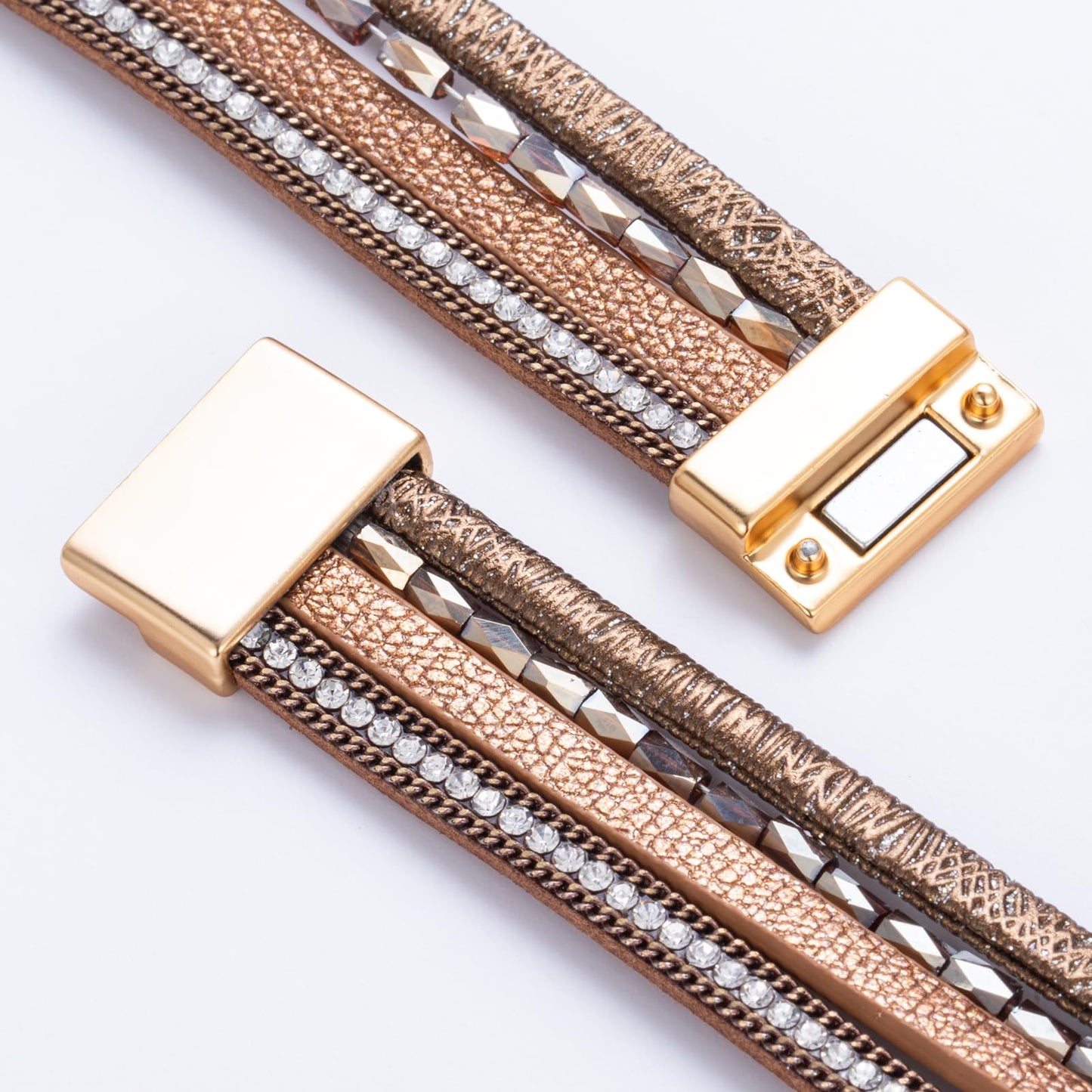 FANCY SHINY Boho Leather Wrap Bracelet Stackable Chunky Crystal Cuff Bracelets with Magnetic Clasp Cowboy Cowgirl Western Summer Beach Outfits Jewelry Gifts for Women (7.7", Brown)