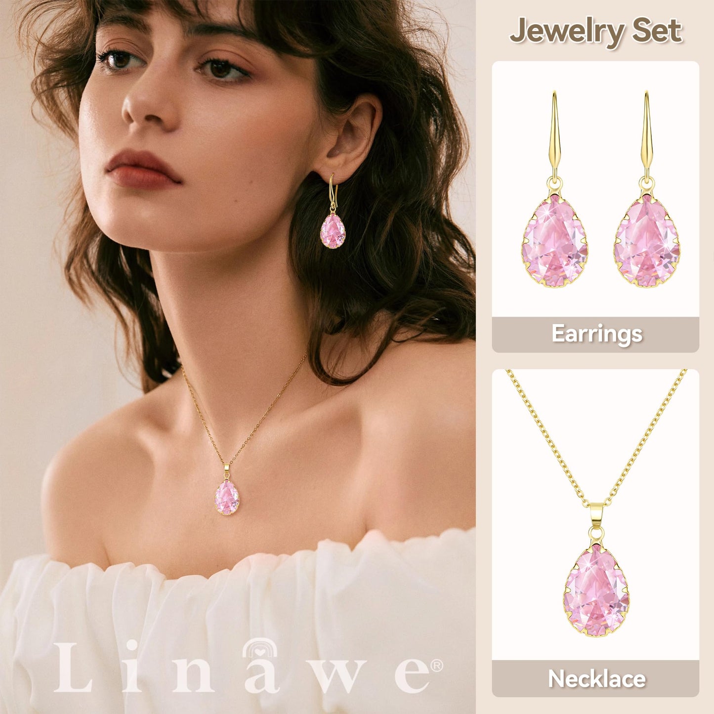 Linawe Pink Jewelry Sets for Women Wedding, Crystal Pendant Necklace Set Pink Earrings Dangling Imitation Diamond Rhinestone Cubic Zirconia Birthstone Dangle Gold Matching