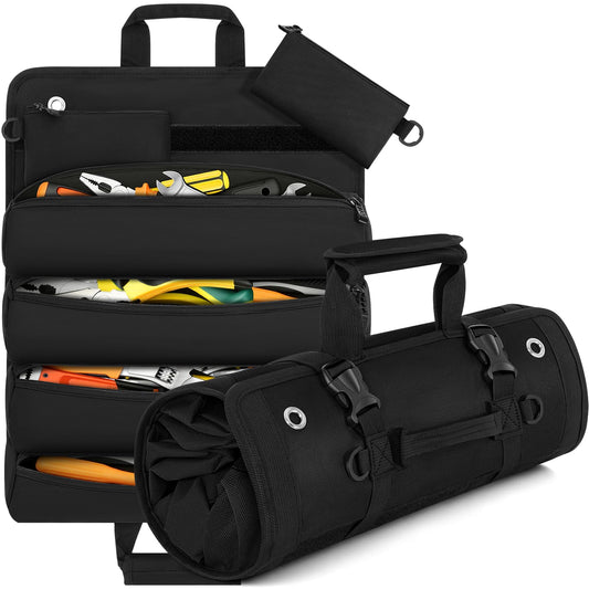 ANILD Roll Up Tool Bag Organizer, Heavy Duty Portable Tool Roll Organizer Bag with 2 Detachable Pouches, Father’s Day Gift, Gifts for Men, Electrician, Mechanic& Hobbyist (Black, Large)