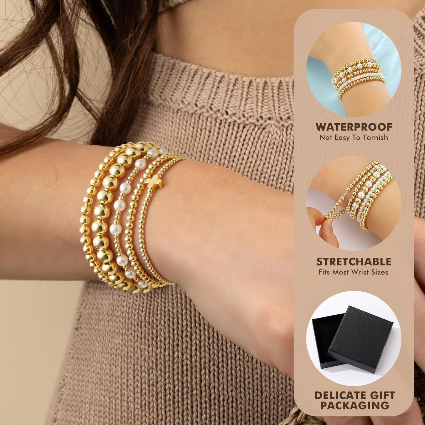 Yoosteel Gold Beaded Bracelets Set for Women - 14k Gold Plated Dainty Tiny Round Beaded Cross Pearl Bracelet Stack for Women Teenage Girl Gifts Stackable Jewelry Gifts 5 PCS