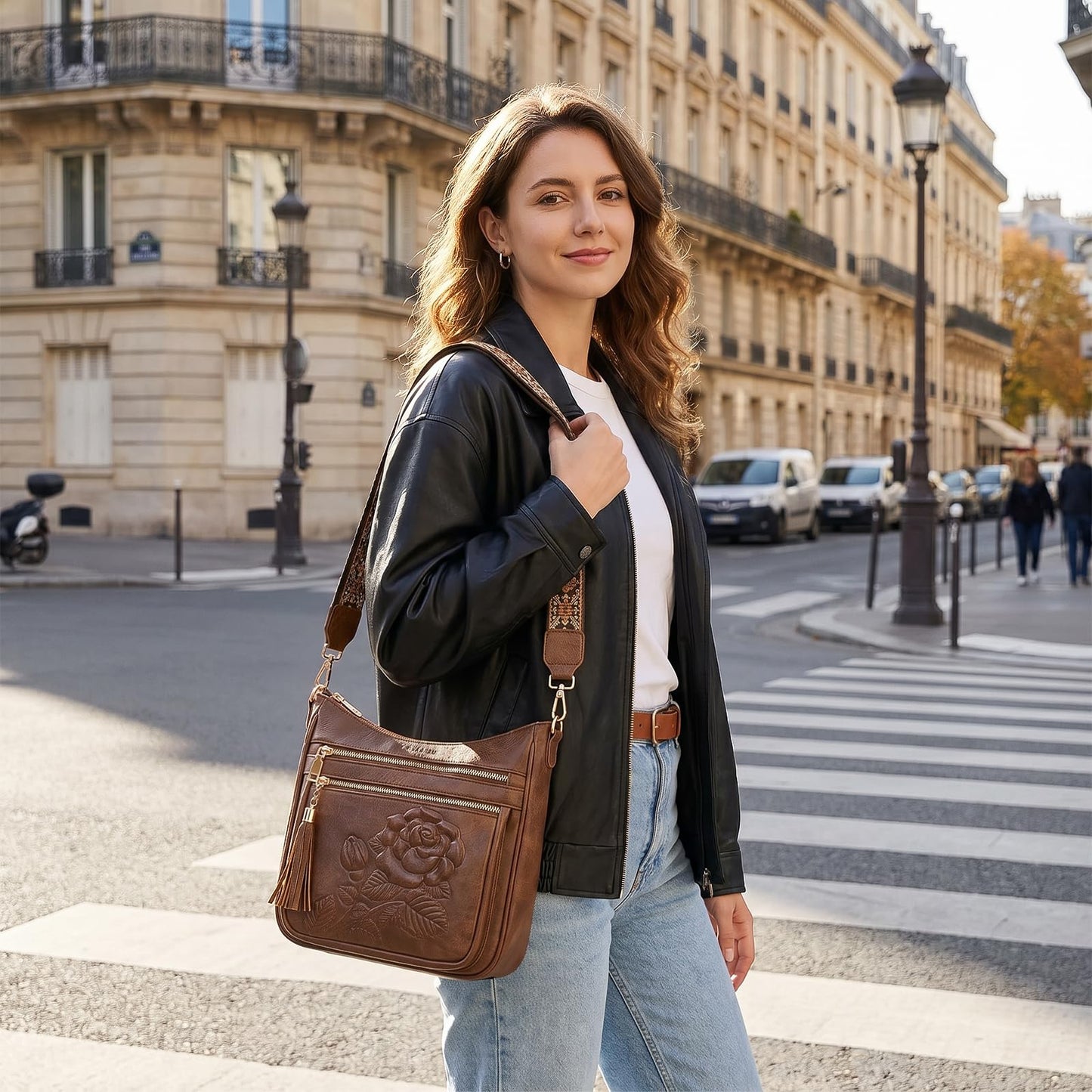 FORUWISH Crossbody Bags for Women, Vegan Leather Brown Crossbody Purse, Multiple Pocket Everyday Travel Shoulder Bag with Boho Strap