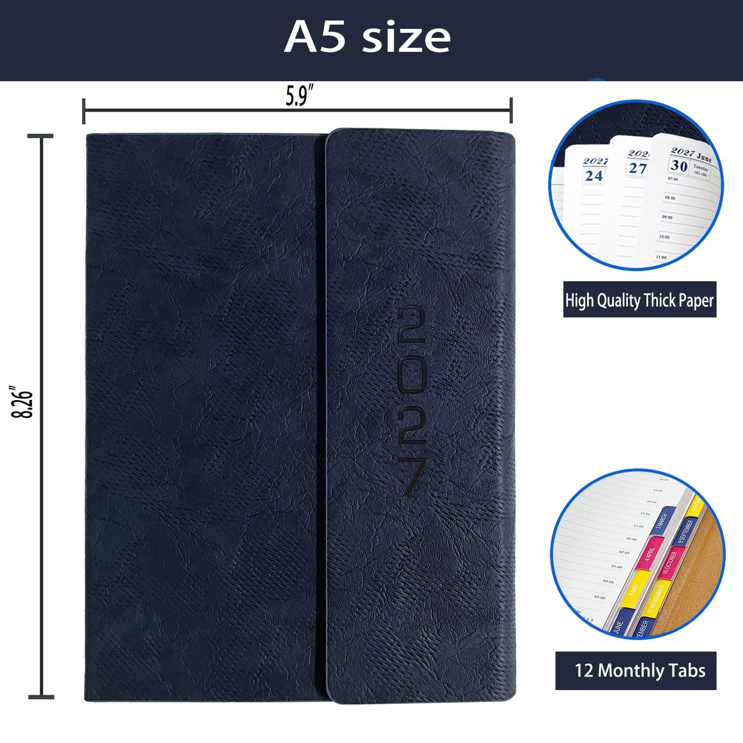 2027 Daily Planner -One Page per Day, Appointment Book 2027, Hourly Daily & Monthly Planner with Tabs(Jan-Dec 2027), 8.26'' x 5.9'' Calendar Planner, Leather Cover + Thick Paper (Navy Blue)